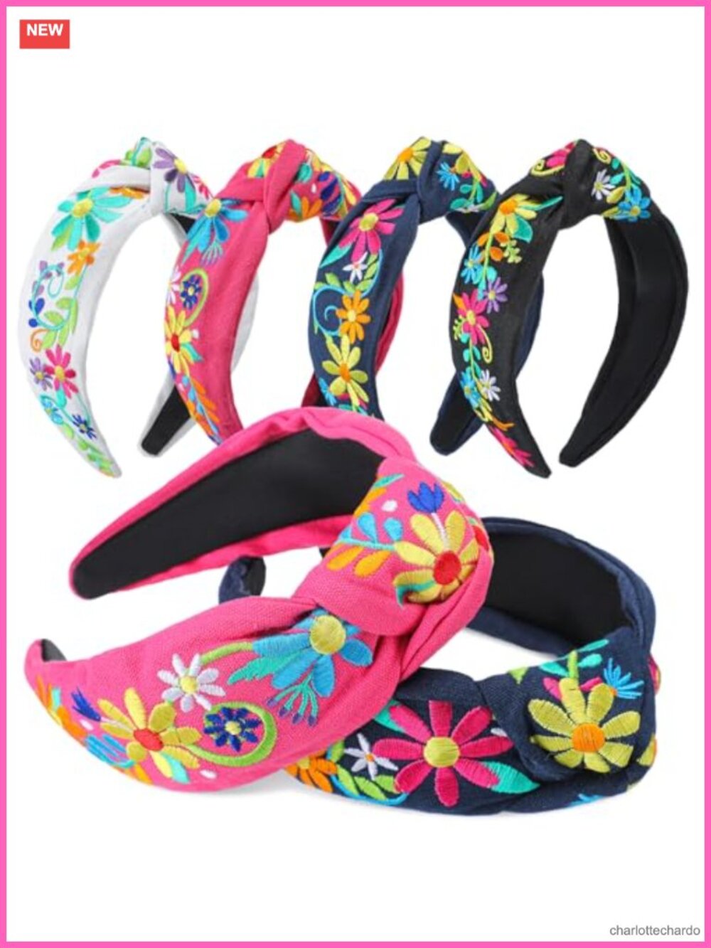 Mexican Embroidered Headbands Set of 4 Cotton Polyester Wide Elastic Fit All
